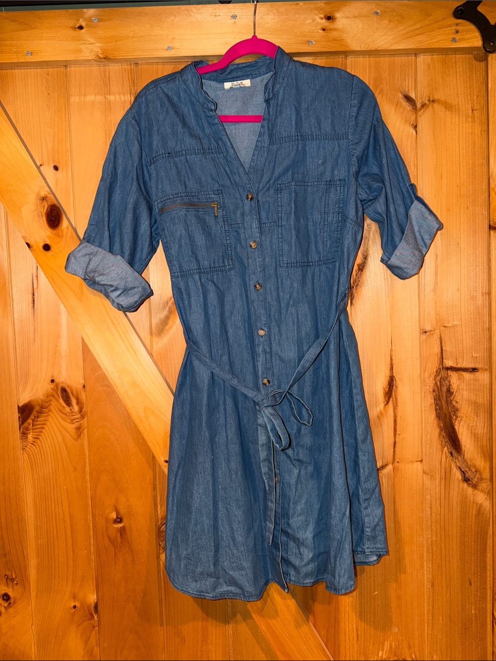 Casual Blue Denim Midi Shirt Dress with Tie Waist